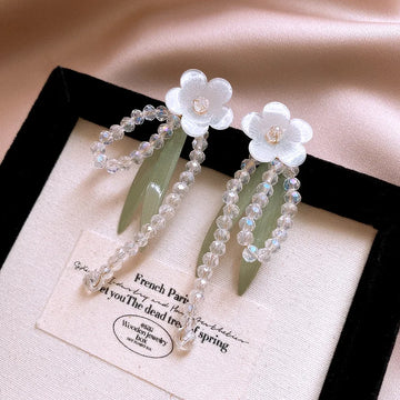 DAIIIBABYYY  -  Light Luxury Sweet Glass Crystal Flower Leaf Tassel Dangle Earrings For Women Fashion Cute Sweet Jewelry Accessories Gifts